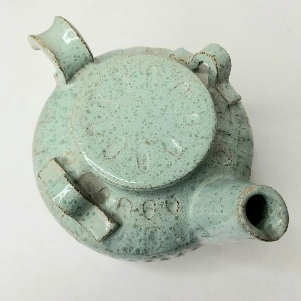 Rare Unique Vintage Art Pottery Green TeaPot , Artist Signed 12/25/75